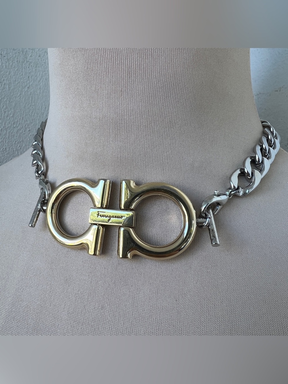 Ferragamo x Junk You! Rescued Necklace Reversible Two-tone Curb Link Choker 15”